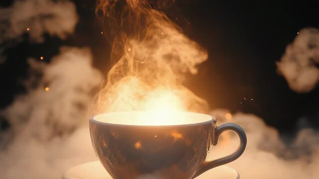 Steaming cup of potion with smoke and orange glow creating a magical atmosphere
