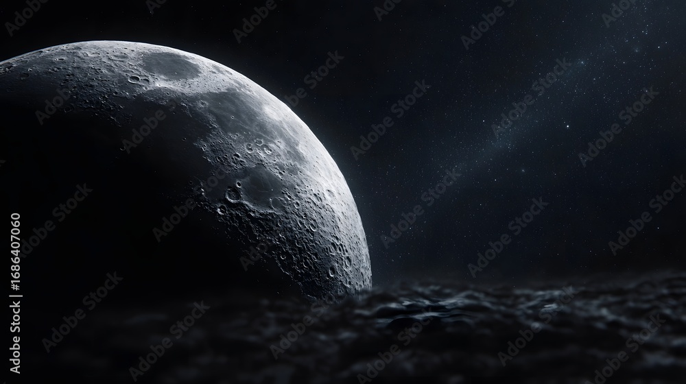 Wall mural a close up view of the moon s heavily cratered surface and rugged texture dramatically illuminated a