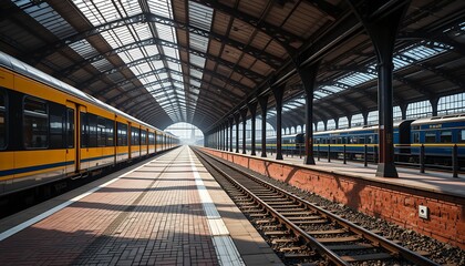 Perspective view of an empty sunlit train station platform inside a large modern arched canopy