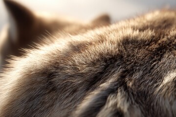 Close-up view of a dog's fur.  Soft, thick, and textured fur in shades of brown and gray.  Sunlight highlights the individual hairs