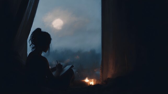 Silhouette of a person writing in a journal by a window at night illuminated by the soft glow of the moon and warm ambient indoor light - Powered by Adobe