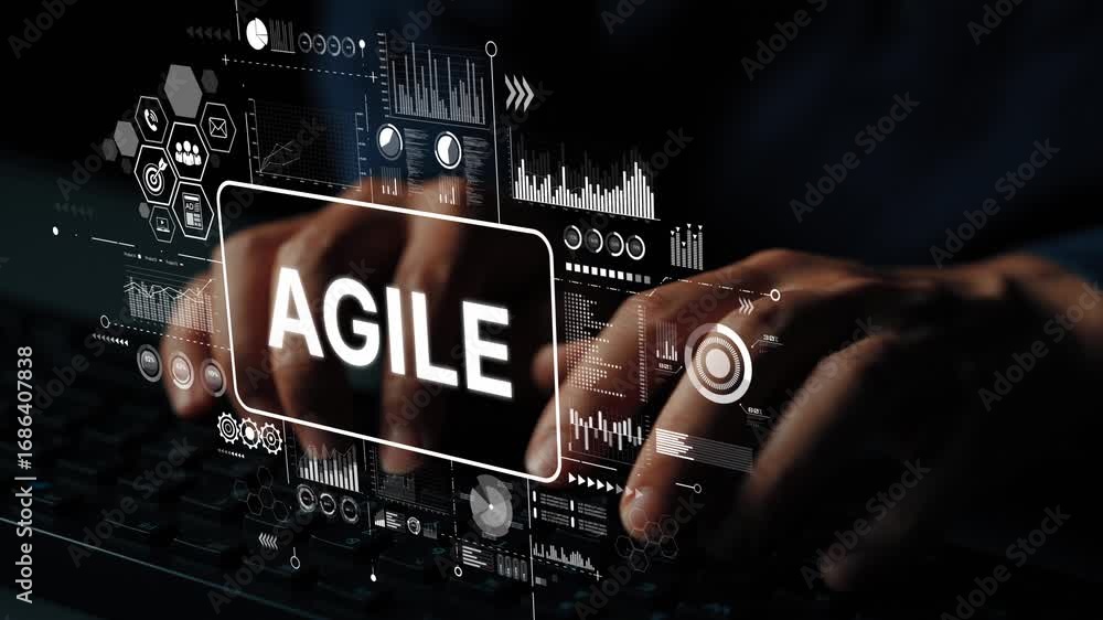 Poster hands typing on keyboard with digital interface showcasing agile methodology in modern software deve