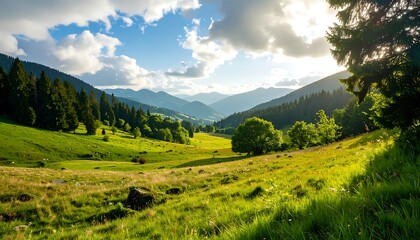 Naklejka premium Mountain Valley Sunset Panorama