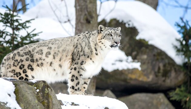 Snow leopard perched on a rocky outcrop in snowy landscape