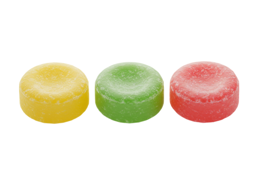 Three colorful candies on transparent background
