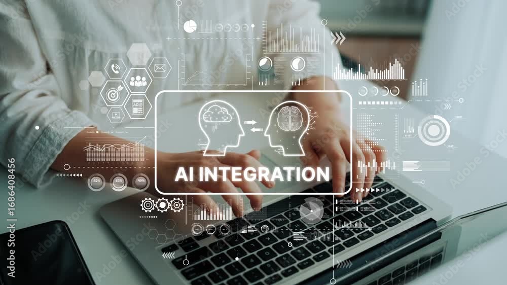 Leinwandbilder hands typing on laptop with ai integration concept featuring data visualization and analytics elemen