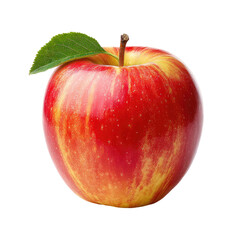 Close-up of a vibrant red and yellow apple with a green leaf