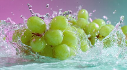 Fresh green grapes in vibrant water splashes