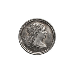 Close-up of a round, silver-toned coin, featuring a profile portrait of a woman.  The woman's hairstyle is elaborate.  A beaded edge encircles the coin