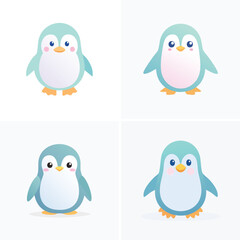 Naklejka premium Penguin cute pastel cartoon ensemble, lively vector illustration, cheerful expressions.