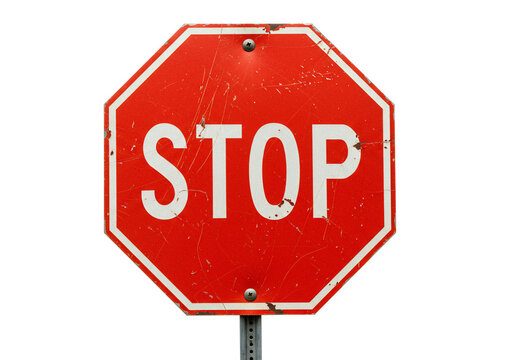 Red octagonal stop sign with worn texture transparent background