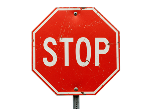 Red octagonal stop sign with worn texture transparent background
