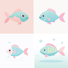 Fototapeta premium Fish cute pastel cartoon ensemble, lively vector illustration, cheerful expressions.