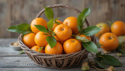 Rustic basket of fresh oranges with leaves, farmhouse vibes"