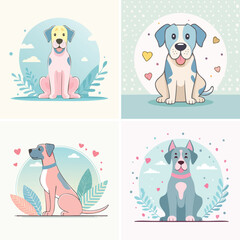 Obraz premium Great Dane cute pastel cartoon ensemble, lively vector illustration, cheerful expressions.