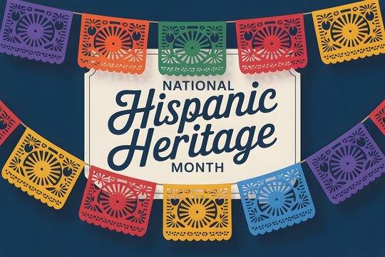 Colorful papel picado banners frame a sign celebrating national hispanic heritage month