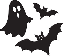 Spooky Ghost and Flying Bats Vector Silhouette