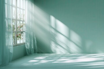 Soft, sunlit teal room with sheer curtains