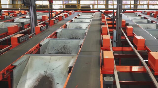 Industrial automatic rice mill processing plant with advanced equipment and conveyor belts, inside a food processing factory