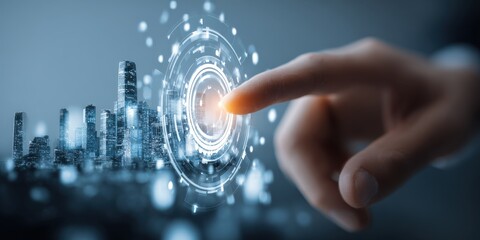 Futuristic city control system interface with a hand touching digital screen 
