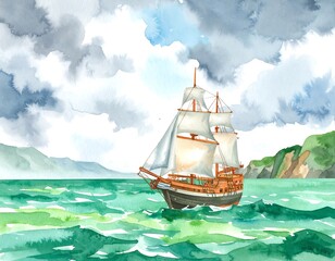 Watercolor seascape with sailing ship