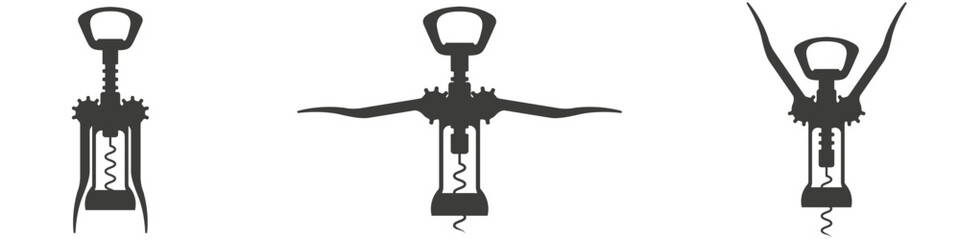 Corkscrew with levers in different positions. Wing opener silhouettes. Flat vector illustration isolated on white background.