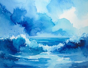 Watercolor seascape with dramatic waves