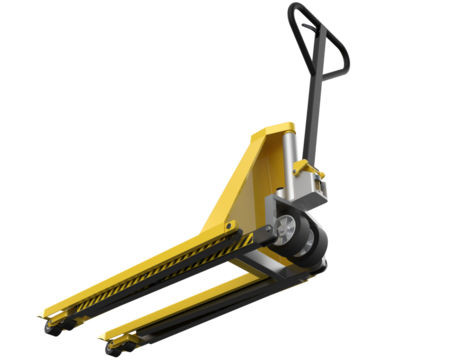 Bright Yellow Pallet Jack: Essential warehouse equipment for efficient material handling, freight transport, and seamless logistics operations. Isolated HD object on transparent background.