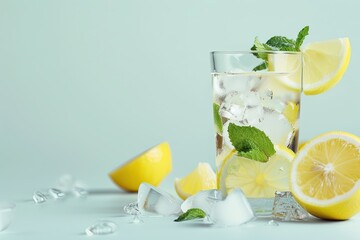 Detailed Visual  of Refreshing Cocktail with Ice Lemon and Mint Leaf