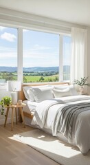 Bright and serene bedroom with a large window overlooking a scenic green landscape, featuring a minimalist bed, natural light, and modern decor.