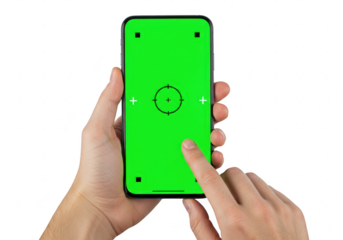 Hand holding smartphone with green screen isolated on transparent background