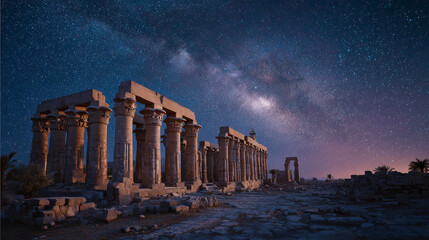 Ancient temple ruins beneath starry galaxy sky
