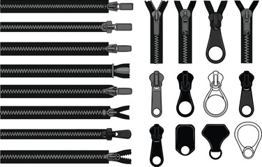 Cad drawing flat vector illustration of zipper set, clothing accessory collection, garment closure design, textile hardware template, fashion detail sketch © Hasem Creative