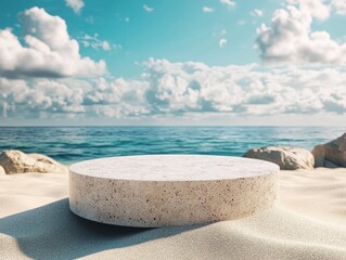 flawless image of Summer beach podium for product display with sand sea and sky background featuring natural beauty
