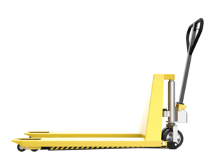 Industrial Yellow Pallet Pump Truck: Heavy Duty Hydraulic Lifting Equipment for Efficient Cargo Handling, Distribution Centers, and Inventory Management - Isolated PNG Cut Out for Commercial Use.
