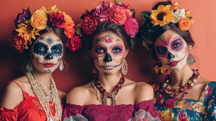 Obraz premium Dia de los muertos, Mexican holiday of the dead and halloween. Three women with sugar skull make up and flowers