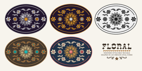 Floral Label belt buckle cowgirl style tag design rhinestones jewels flower stylized silhouette Western rodeo collection vector design. 