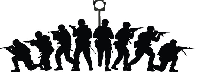 Combat soldiers in various shooting positions under spotlight in tactical battlefield scene with rifles for war, military defense, and strategy illustration