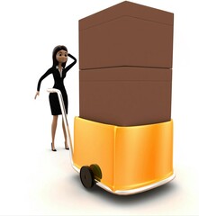 3d woman delivery box on hand truck concept