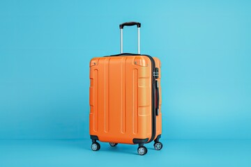 Vibrant Color Image of Orange Suitcase with Wheels Isolated on Blue Background