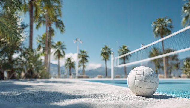 White volleyball on sandy beach court, with palm trees and a blue sky - Powered by Adobe