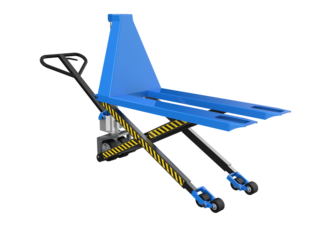 Vibrant Blue Hydraulic Pallet Jack for Efficient Warehouse Logistics and Material Handling. High-Resolution PNG Hand Pallet Truck Isolated on Transparent Background Industrial Supply Chain Solutions