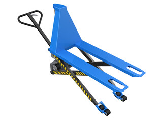 Isolated Scissor Lift Pallet Jack: High Resolution Blue Industrial Equipment for Freight and Distribution. Essential Material Handling Power Lift Device 3D Rendering on Transparent Background.