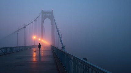 Obraz premium Solitary runner crossing foggy bridge at sunrise, minimal atmospheric composition with vanishing lines and soft mist, top blank area for text overlay or creative poster.