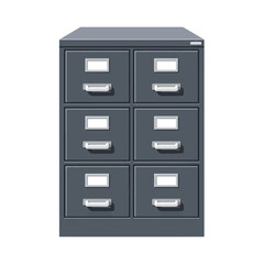 Illustration of a gray filing cabinet with six drawers and silver handles.