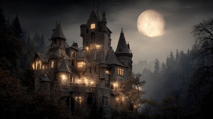 Fototapeta premium Majestic Stone Castle Under a Full Moon, Illuminated at Night, Mystical and Atmospheric