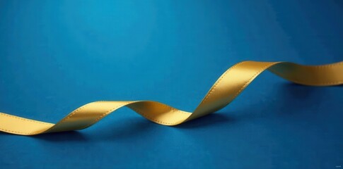 Single gold ribbon curl against a vibrant blue Subtle shadowing adds depth , azure, party
