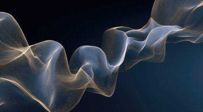 Abstract flowing ribbons of light-gold and cool-blue, forming a dynamic wave pattern on a dark background - Powered by Adobe