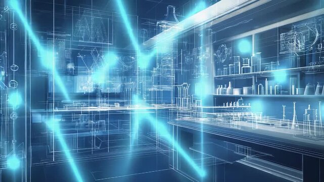 Futuristic laboratory undergoing digital construction with glowing blue beams