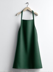 Dark green apron hanging on wooden hanger against white wall